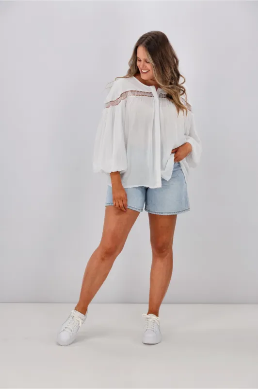 Sass Rava Boho 3/4 Sleeve Top White sold by Shine On