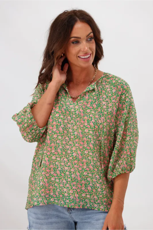 Gloss by Shine On Dana Tie Blouse Pink Green Floral sold by Shine On
