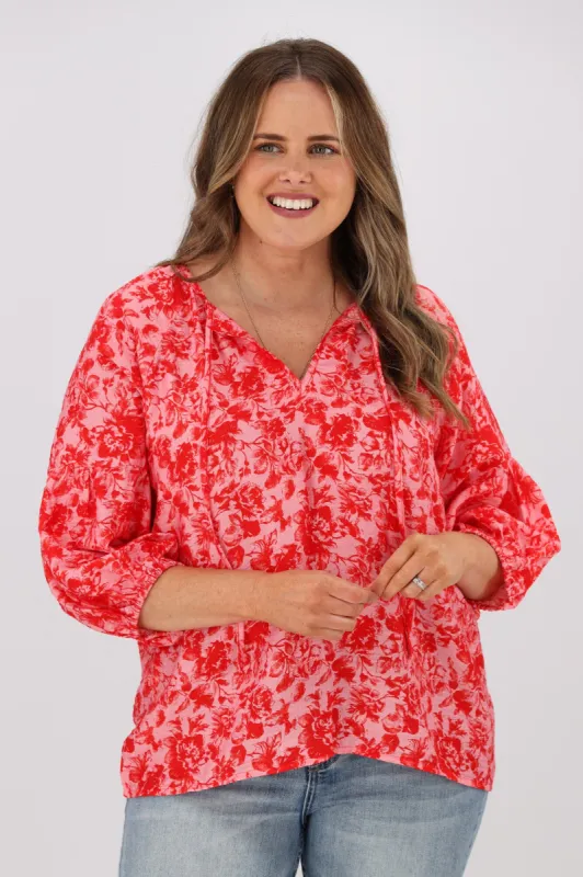 Gloss by Shine On Dana Tie Blouse Red Pink Floral sold by Shine On