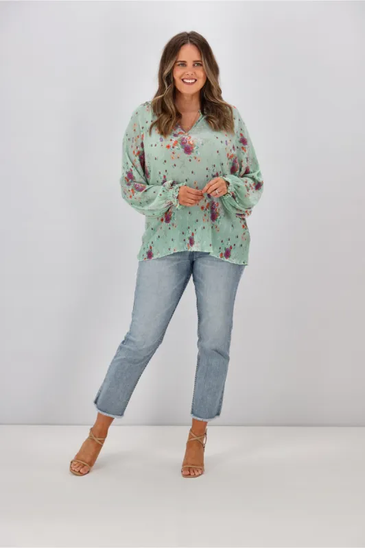 Gloss By Shine On Mila Micro Pleated Blouse Sage sold by Shine On