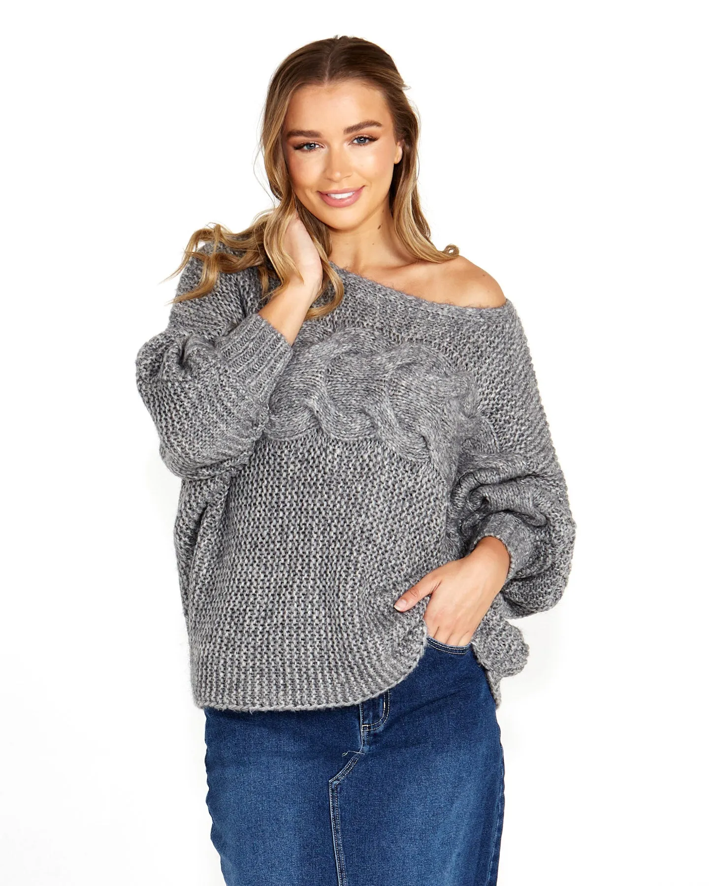 Sass Belinda Chunky Cable Knit Grey Marle sold by Shine On
