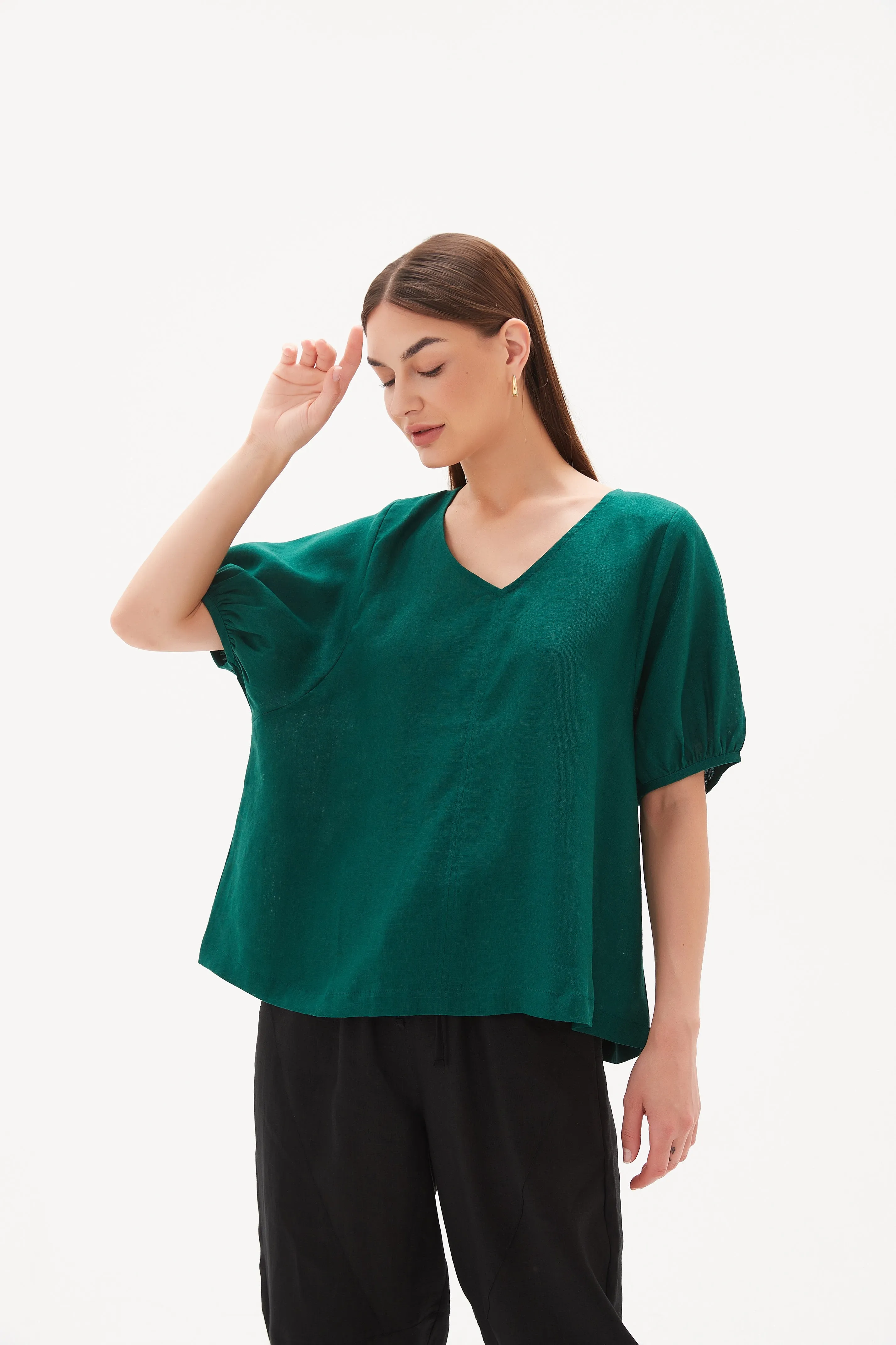 Tirelli V Neck Bishop Sleeve Top Emerald Green sold by Shine On product image thumbnail 3