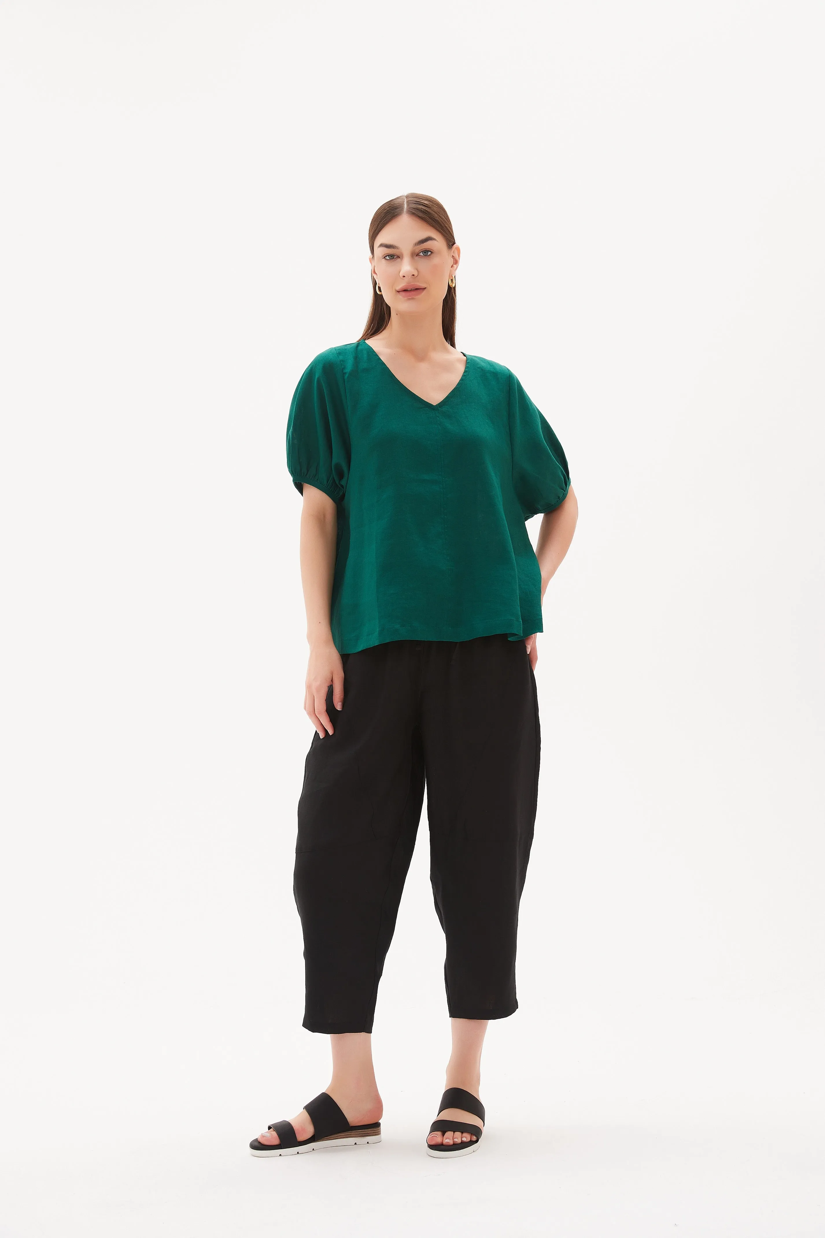 Tirelli V Neck Bishop Sleeve Top Emerald Green sold by Shine On