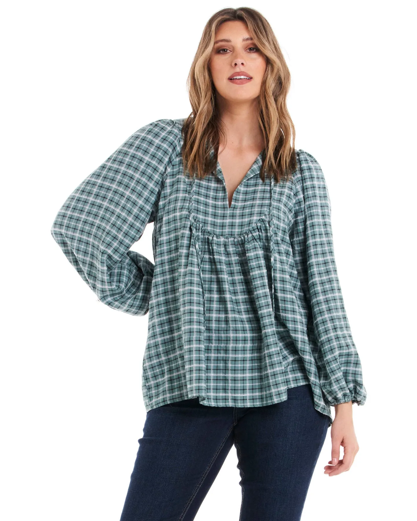 Betty Basics Cameron Blouse Green Gingham sold by Shine On product image thumbnail 4
