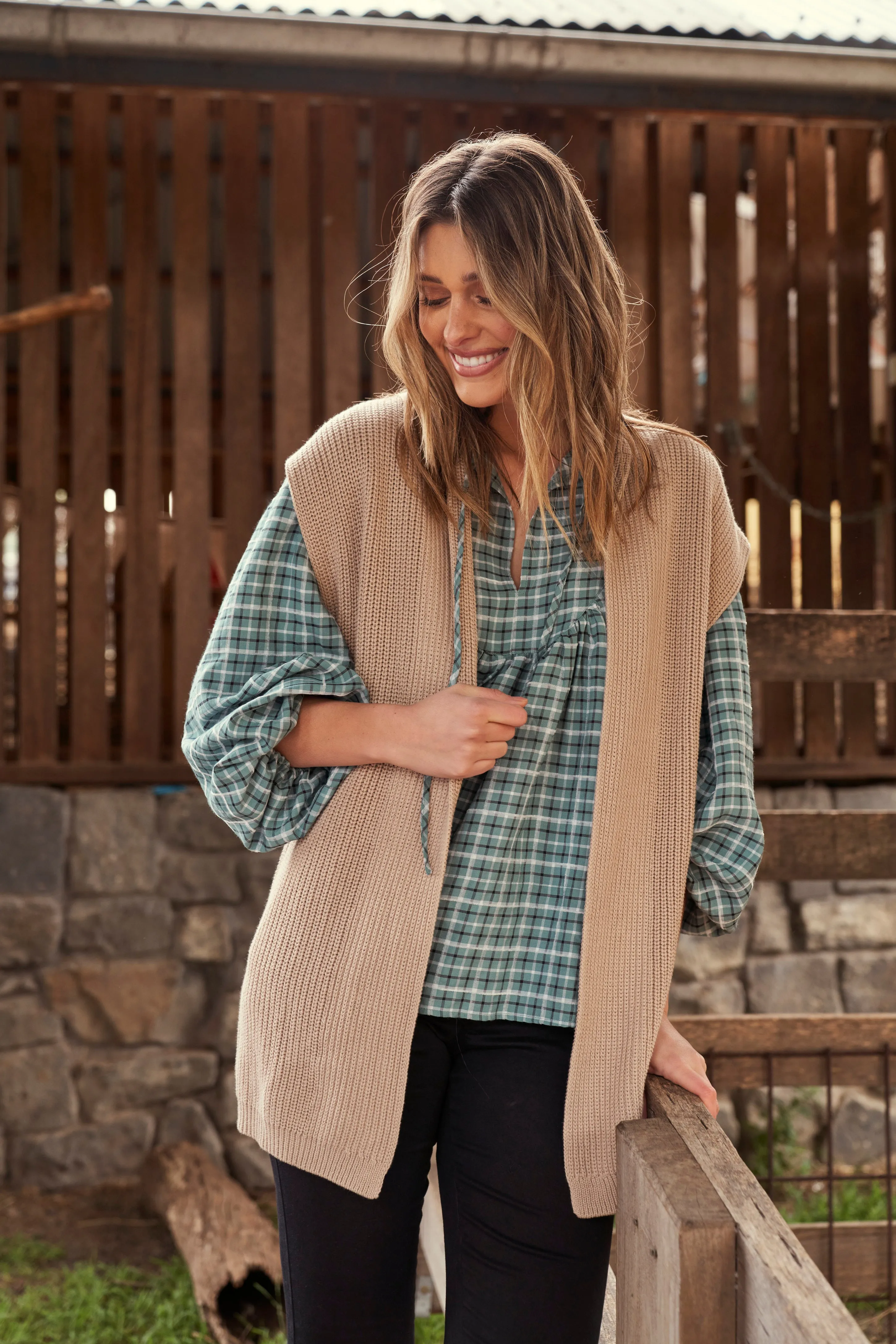 Betty Basics Cameron Blouse Green Gingham sold by Shine On product image thumbnail 3