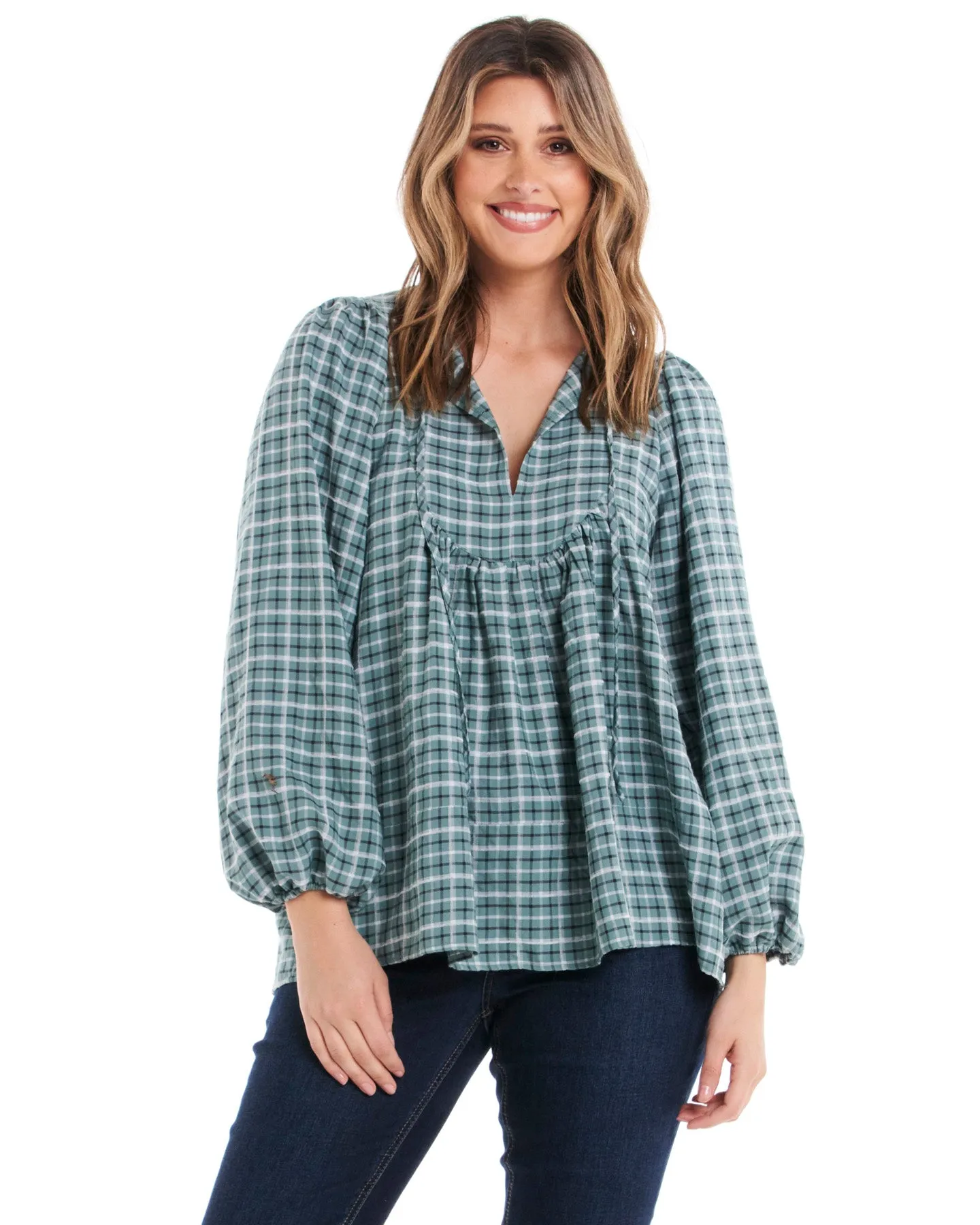 Betty Basics Cameron Blouse Green Gingham sold by Shine On product image thumbnail 2