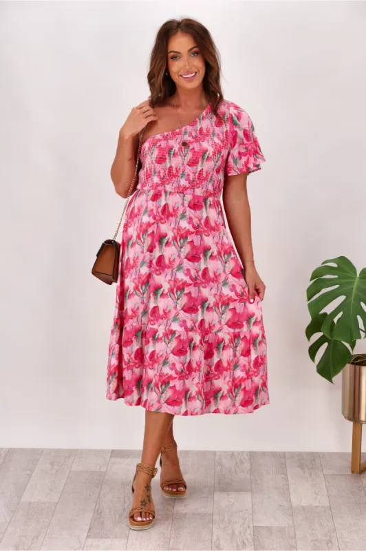 Gloss by Shine On Camdyn On Shoulder Dress Watercolour Print sold by Shine On