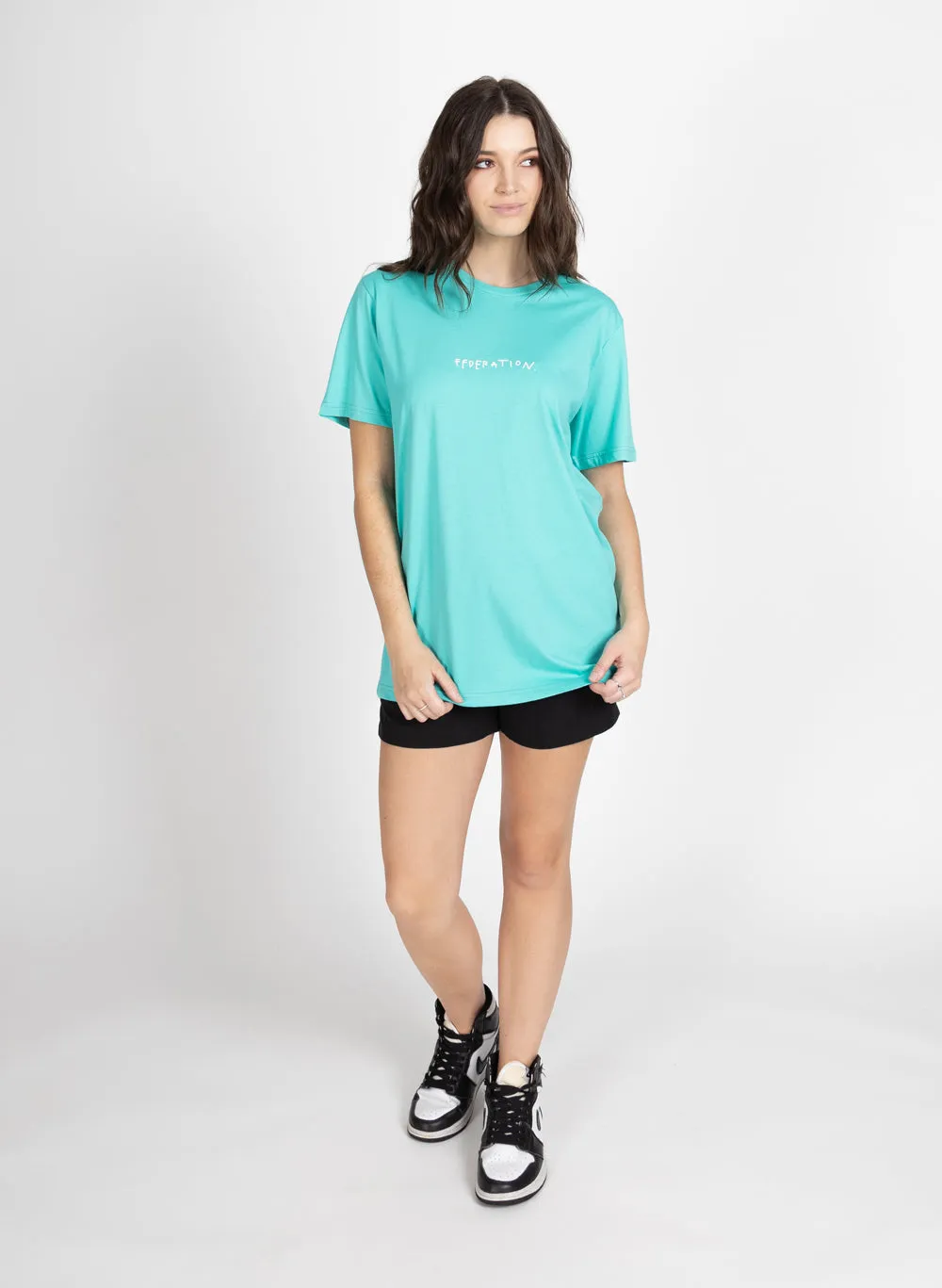 Federation Staple Tee Drawn Turq sold by Shine On
