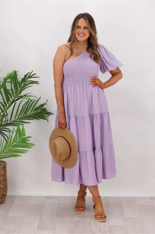 Iris Maxi Celia One Shoulder Puff Dress Lilac sold by Shine On