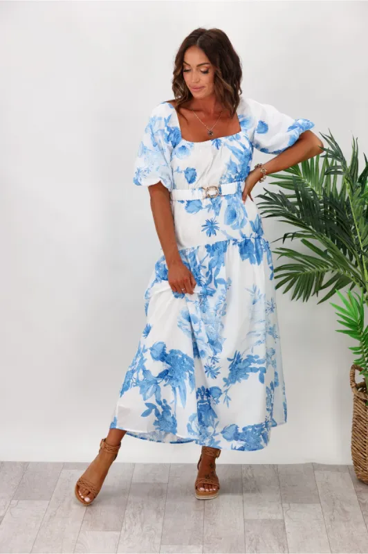 Style State Floral Maxi Dress With Belt White Blue sold by Shine On