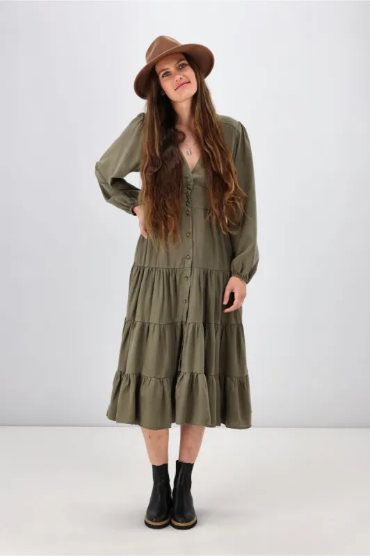 Sass Charity Tiered Midi Dress Khaki sold by Shine On