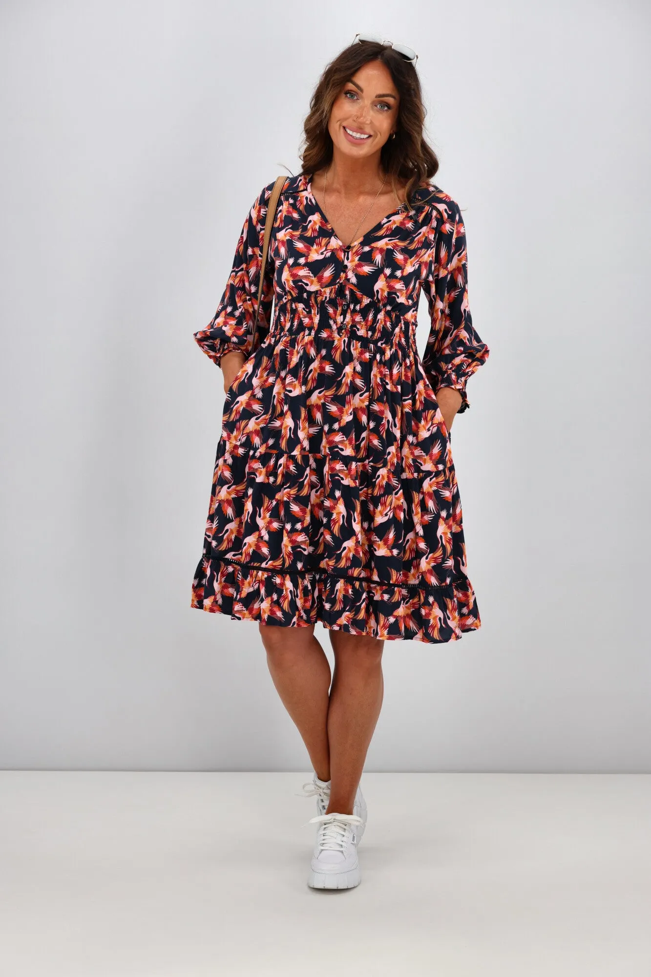 Sunday Boho Ada Dress Bird Print Navy sold by Shine On