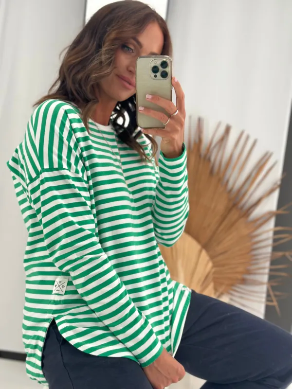Elm Lauren L/S Tee Stripe Bright Green White Stripe sold by Shine On