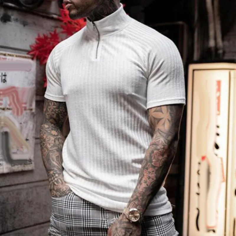 Sports Knit Fashion Stand Collar Zip Short Sleeve T-Shirt sold by Shopnova