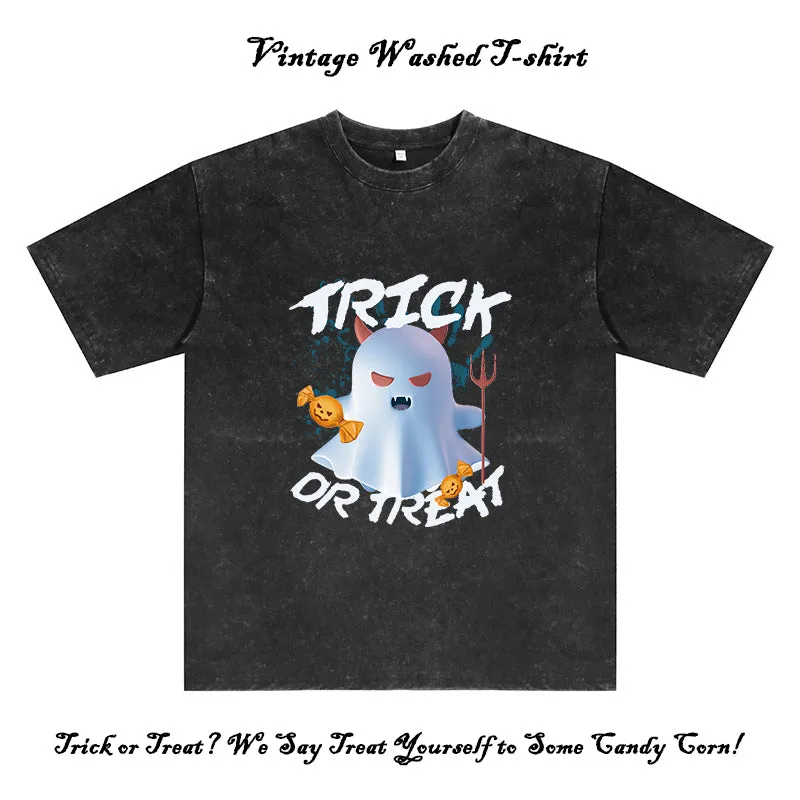 Trick or Treat Ghost Print Men's Washed Black Color Tee sold by Shopnova product image thumbnail 2