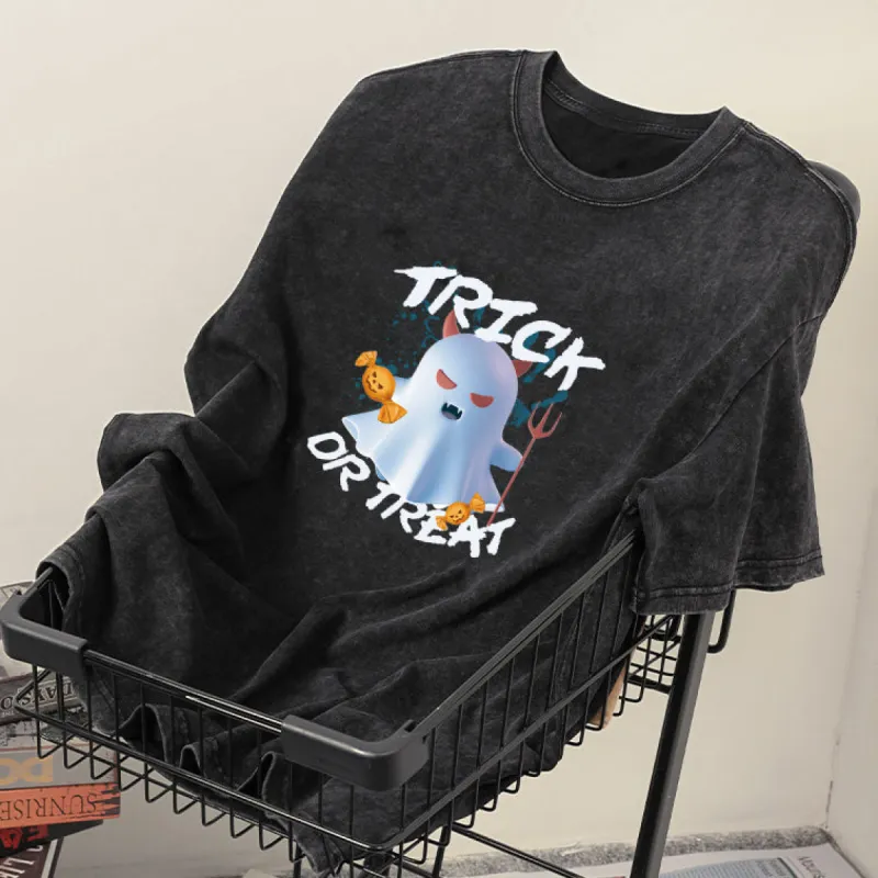 Trick or Treat Ghost Print Men's Washed Black Color Tee sold by Shopnova