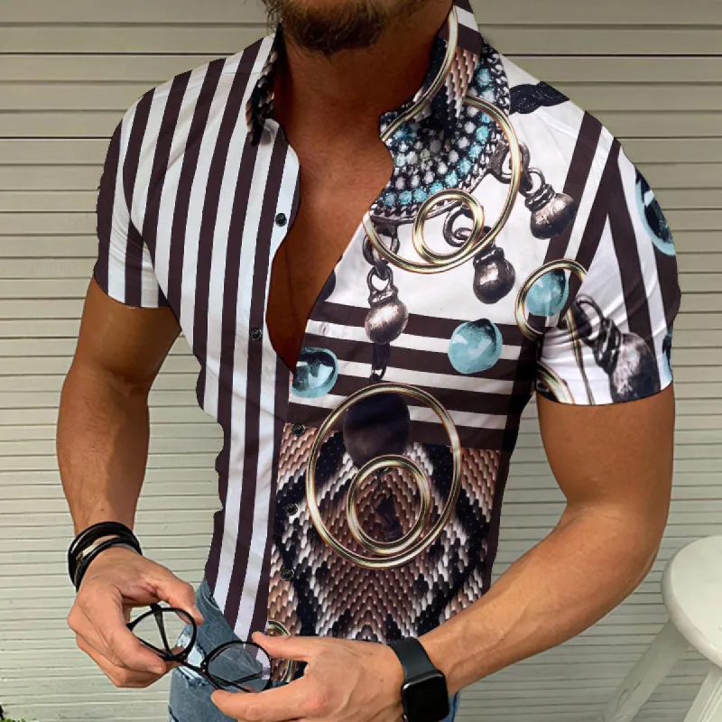 Striped Geometric Contrast Panel Print Casual Short Sleeve Shirt made by Shopnova