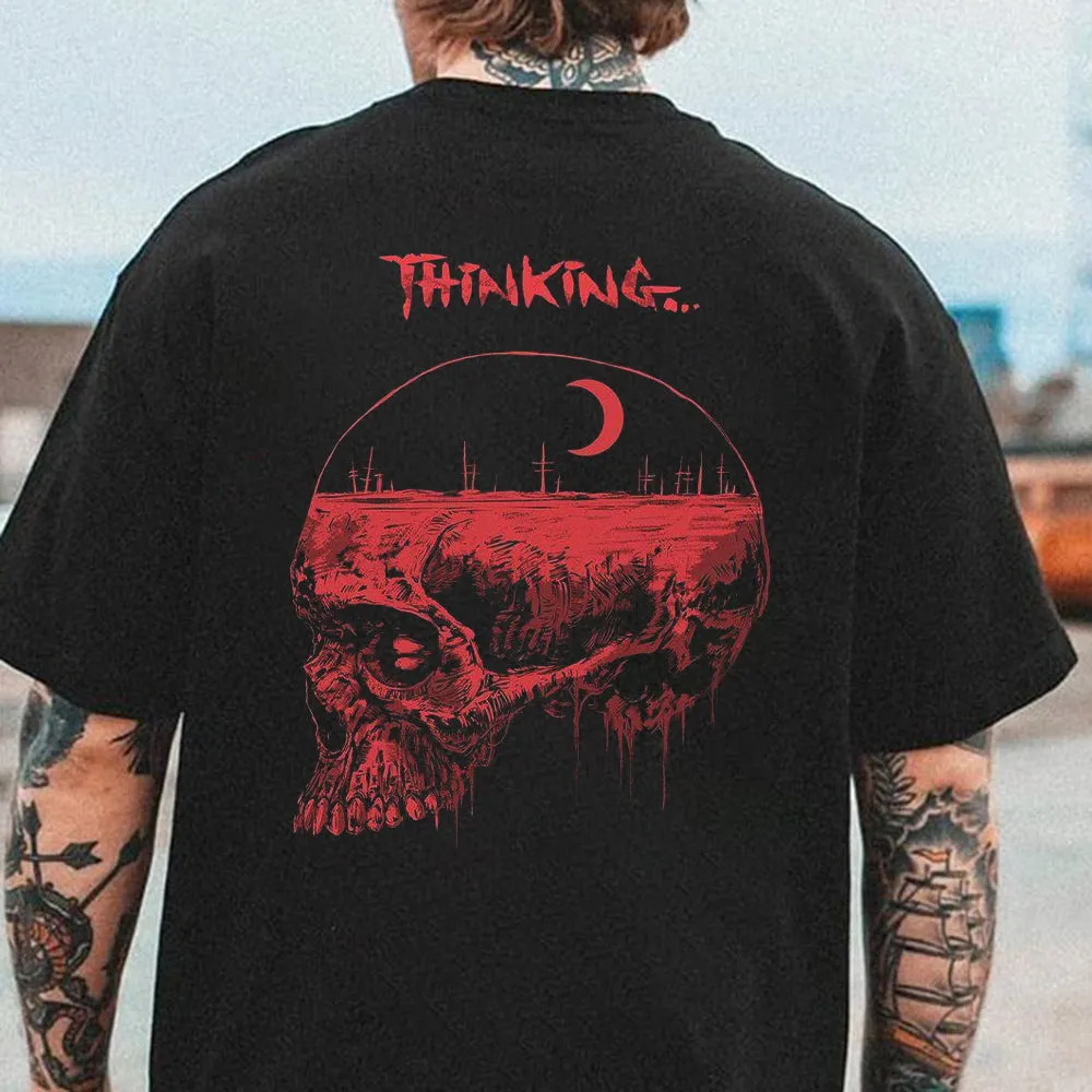 Thinking Skull Graphic Print Casual Loose Men's T-Shirt sold by Shopnova product image thumbnail 2