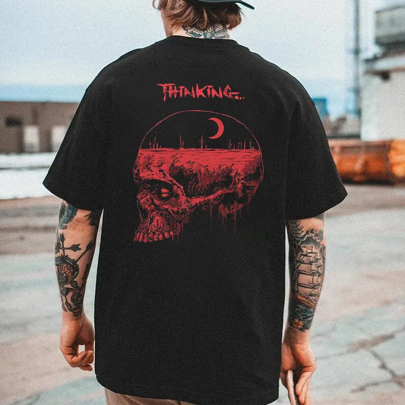 Thinking Skull Graphic Print Casual Loose Men's T-Shirt sold by Shopnova