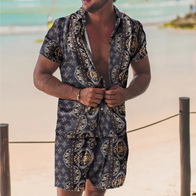 Personality Trend Vintage Print Hawaii Vacation Two-Piece Set sold by Shopnova