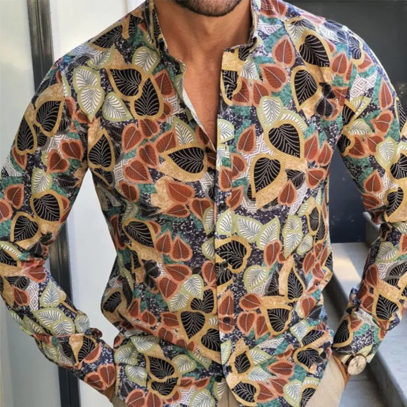 Men's Lapel Leaf Print Loose Casual Long Sleeve Shirt sold by Shopnova