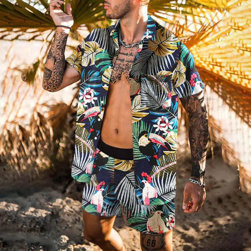 Clearance-Men All Over Floral Print Classic Collar Two Piece Set-5XL sold by Shopnova