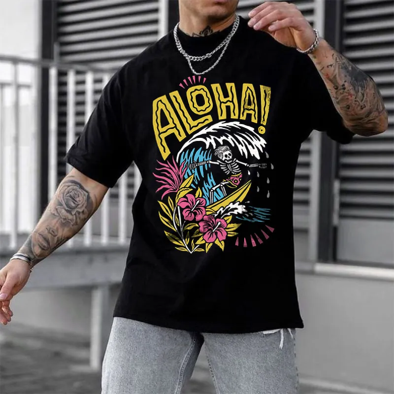 "Aloha" Skeleton Man Surfing Printed Men's T-shirt sold by Shopnova
