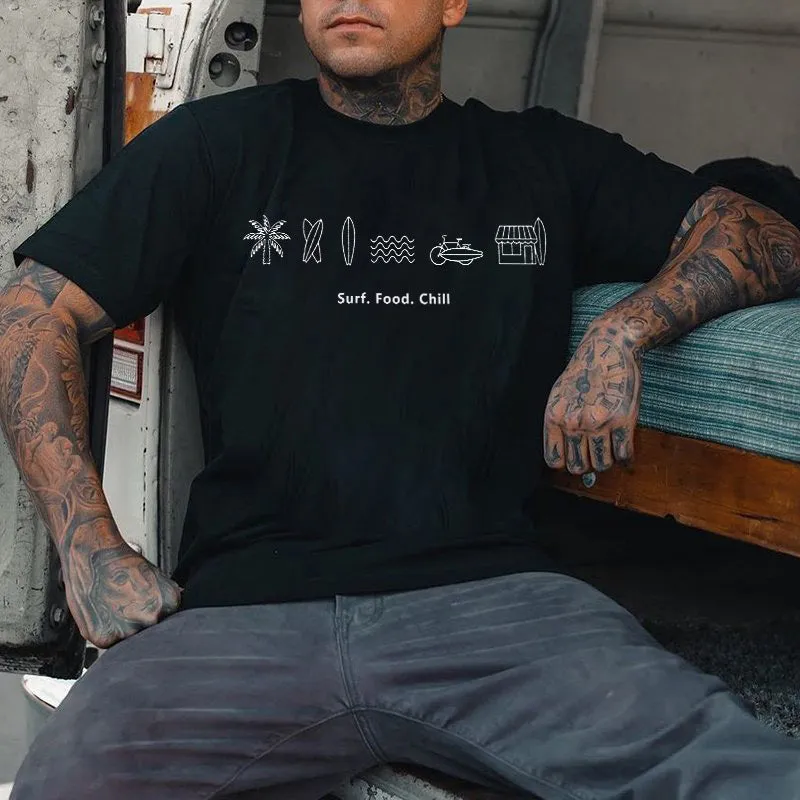 Surf, Food, Chill, Men's Doodle T-shirt sold by Shopnova