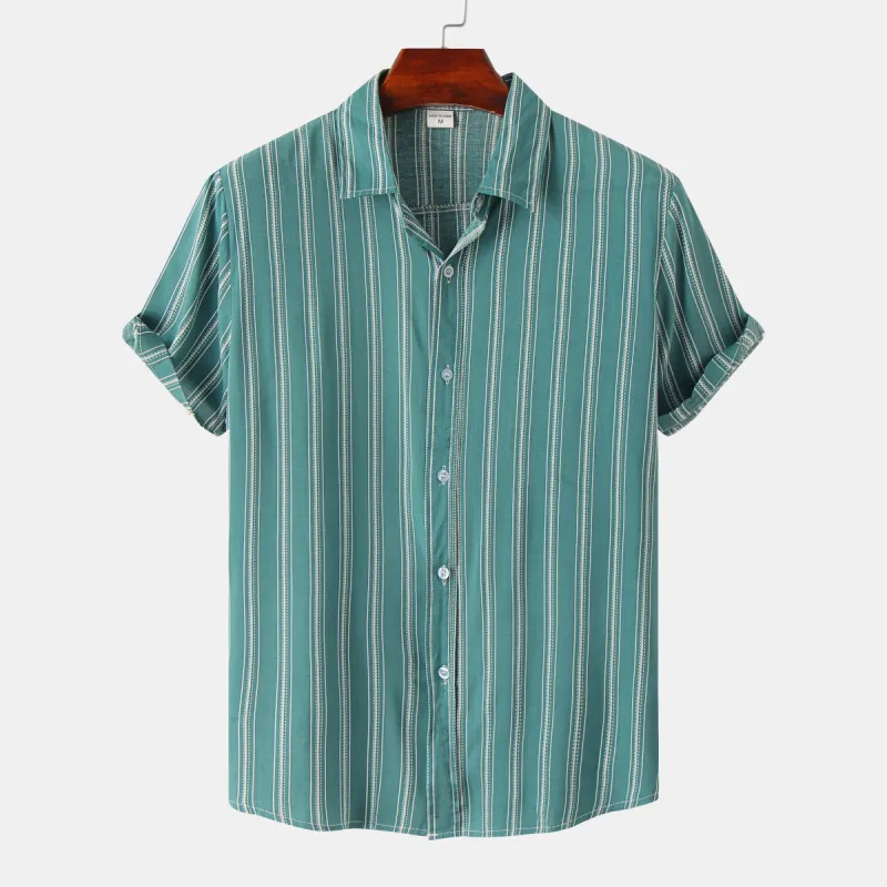 Fashion Stripe Print Lapel Button Short Sleeve Shirt sold by Shopnova