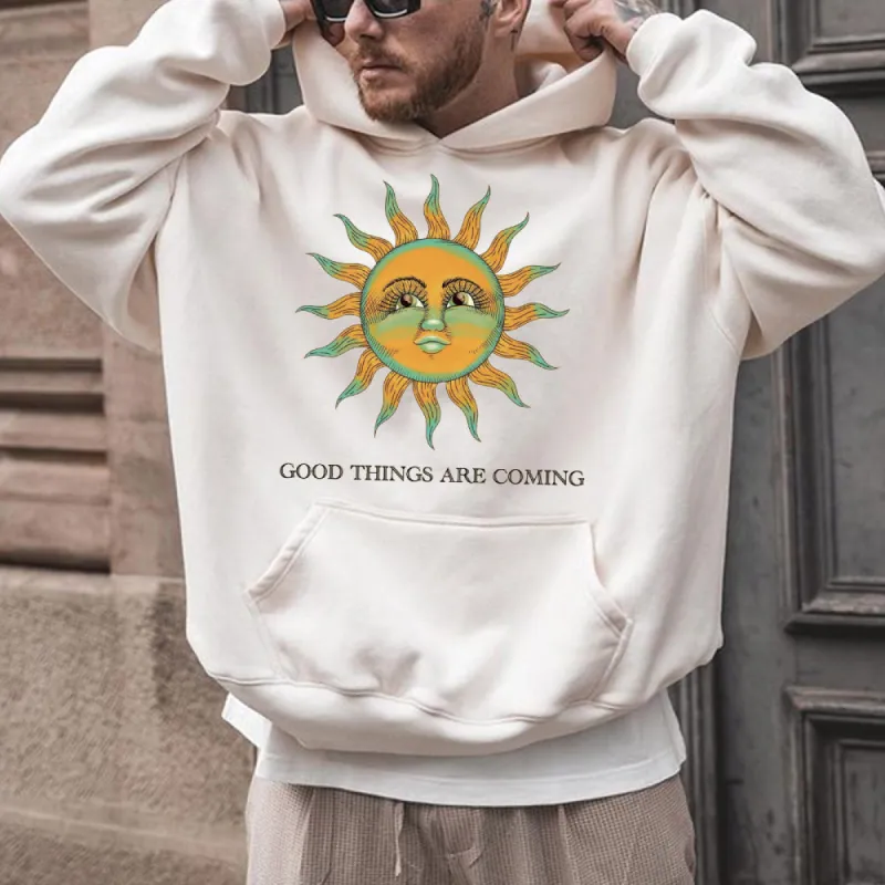 Sun & Letter Graphic Print Men's White Oversize Hoodie made by Shopnova