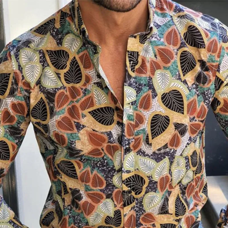 Men's Lapel Leaf Print Loose Casual Long Sleeve Shirt sold by Shopnova