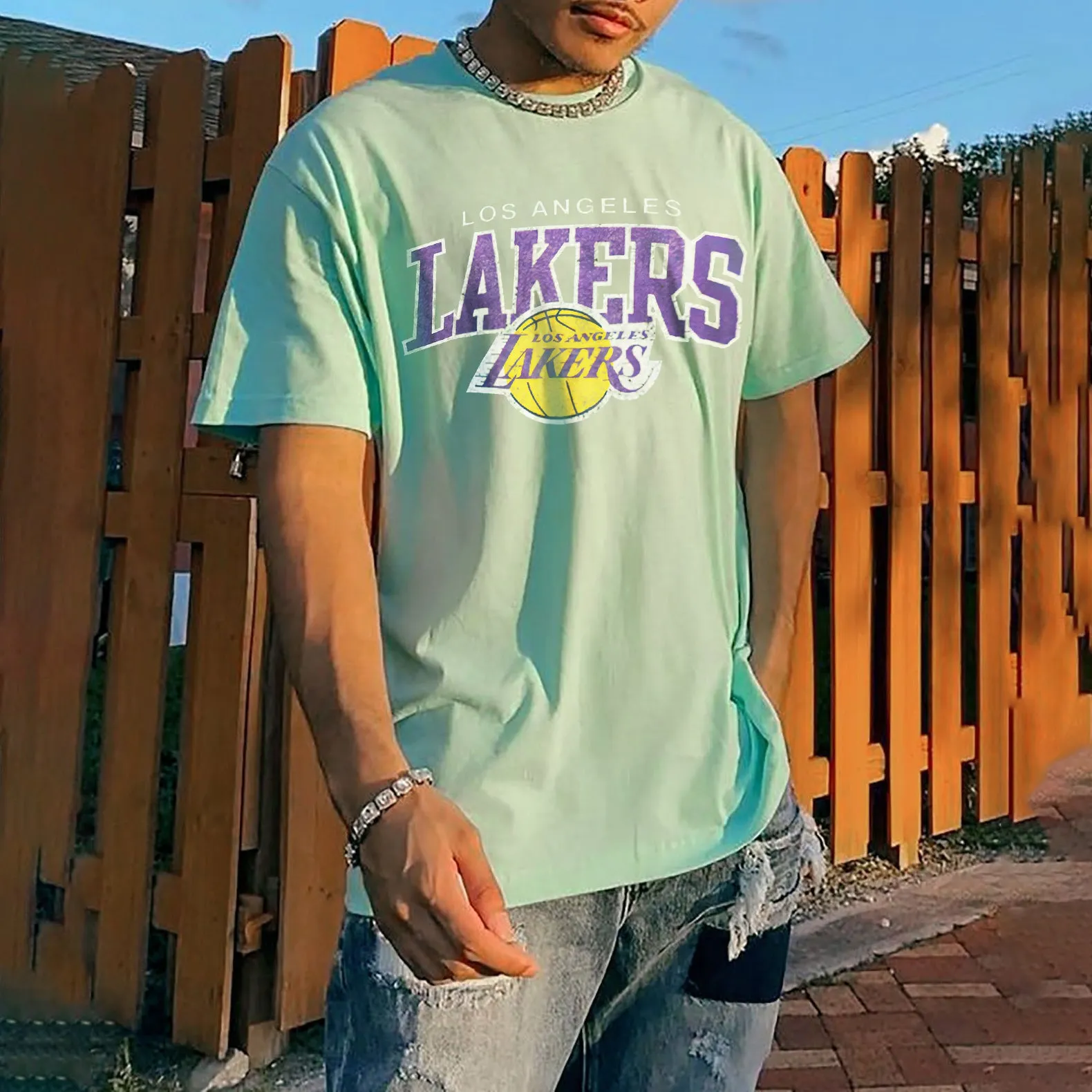 LAKERS Basketball Letter Graphic Print Loose Casual Men's T-Shirt sold by Shopnova