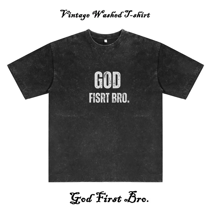 God First Bro. Men's Washed Black Cotton Tee sold by Shopnova product image thumbnail 2