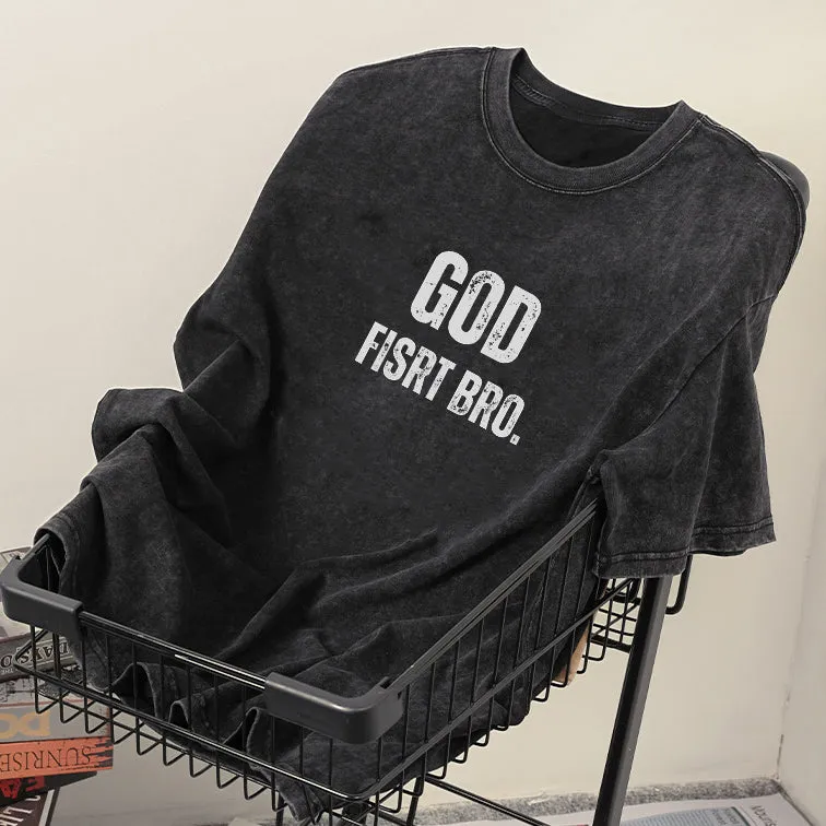 God First Bro. Men's Washed Black Cotton Tee sold by Shopnova