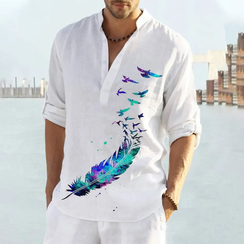 Men's Cotton Linen Feather Bird Graphic Print Loose Casual Shirt sold by Shopnova
