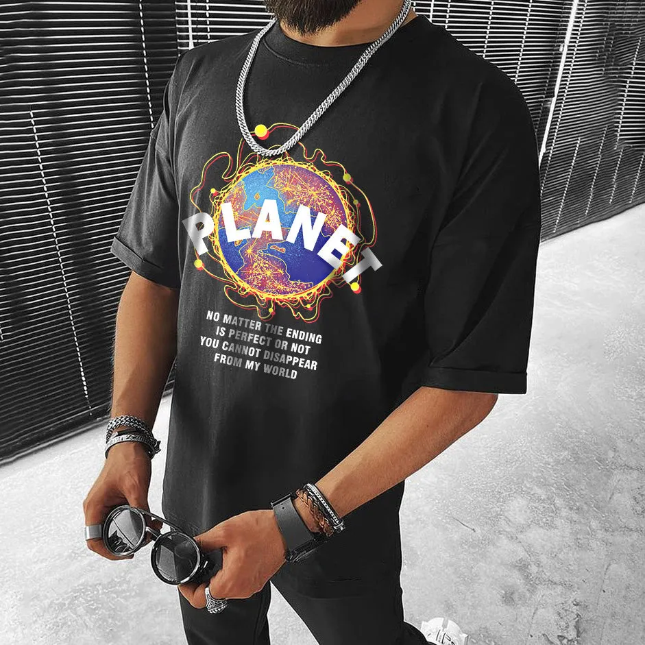 PLANTE Letter Graphic Print Loose Short Sleeve Men's T-Shirt sold by Shopnova
