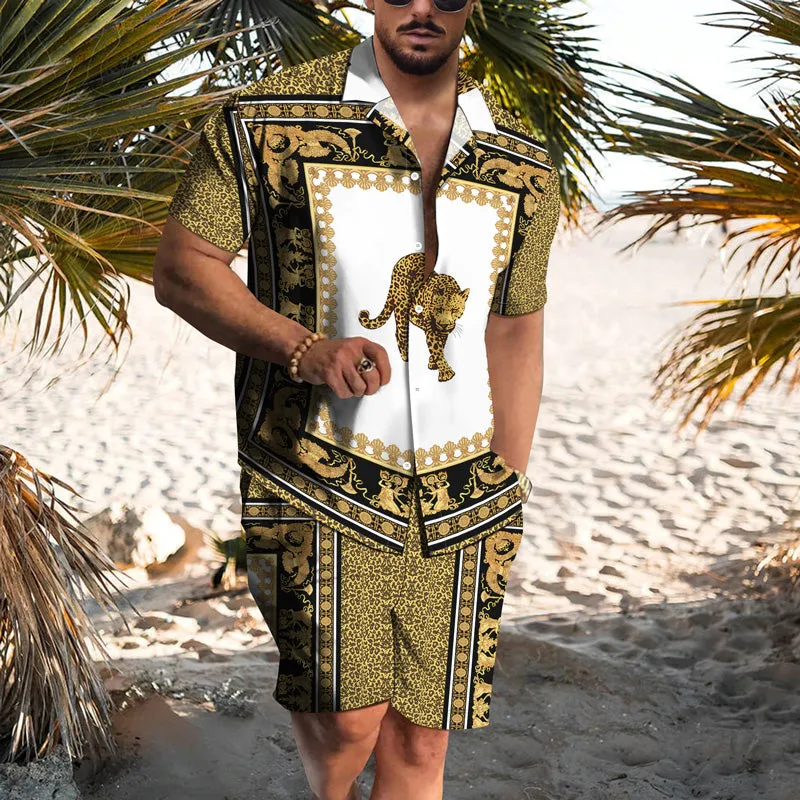 Trendy Street Fashion Lion Print Shirt Shorts Hawaiian Vacation Two-Piece Set sold by Shopnova