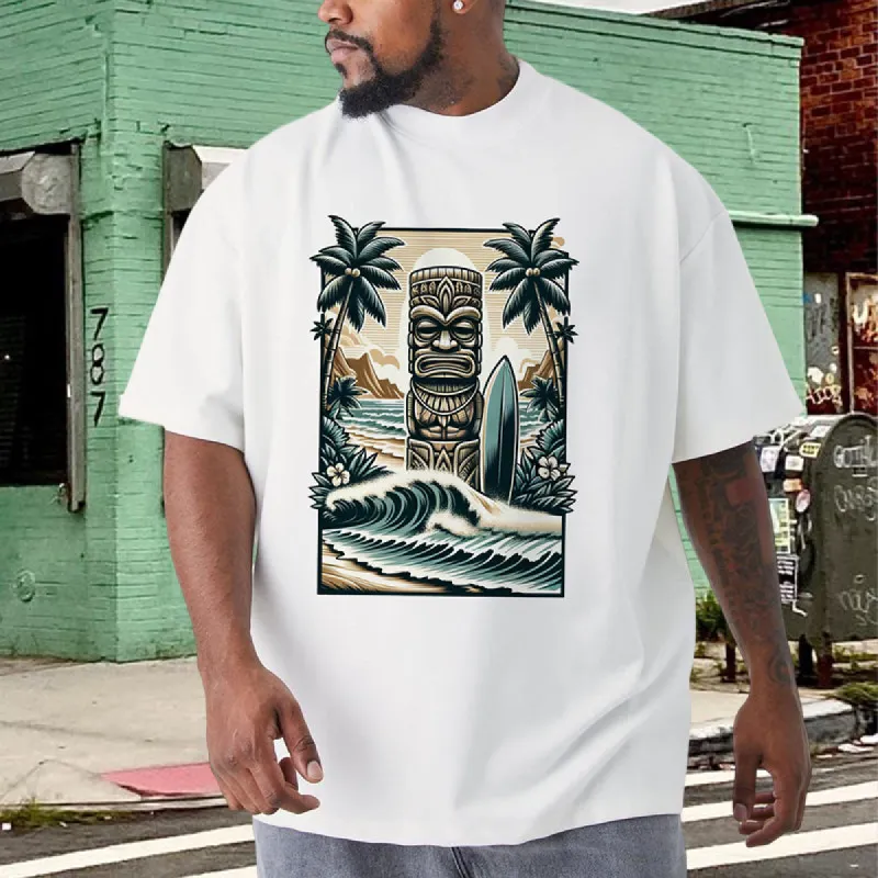 Tropical Beach Tiki Statue with Surfboard Men's Tee sold by Shopnova