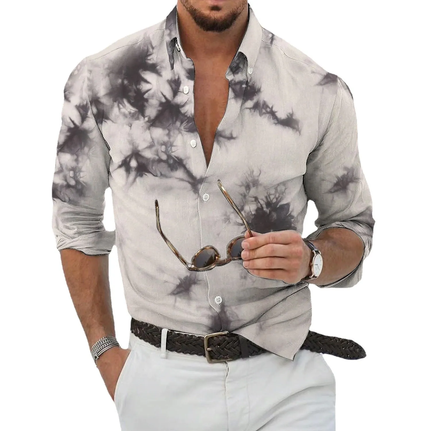 Men's Loose Lapel Cotton Linen Print Loose Long Sleeve Casual Shirt sold by Shopnova product image thumbnail 3