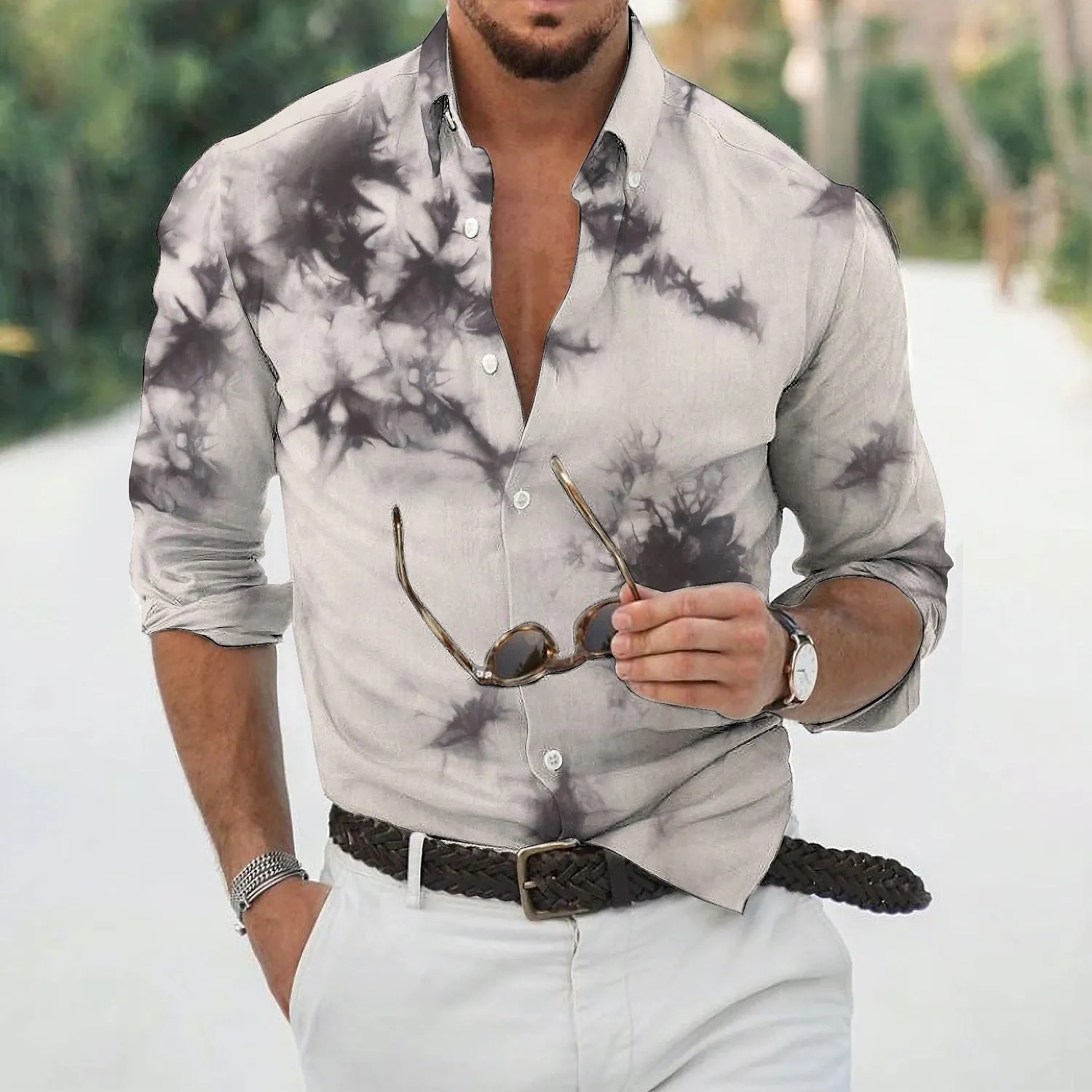 Men's Loose Lapel Cotton Linen Print Loose Long Sleeve Casual Shirt sold by Shopnova