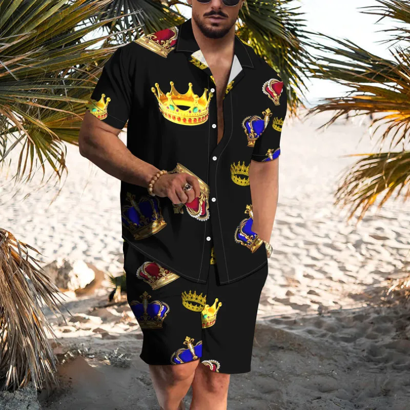 Trendy Crown Print Shirt Shorts Hawaii Vacation Two-Piece Set sold by Shopnova