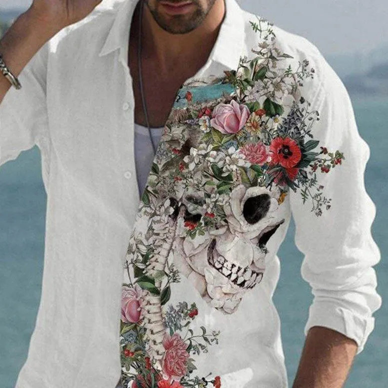 Personality Trendy Skull Flower Print Long Sleeve Simple Shirt sold by Shopnova product image thumbnail 2