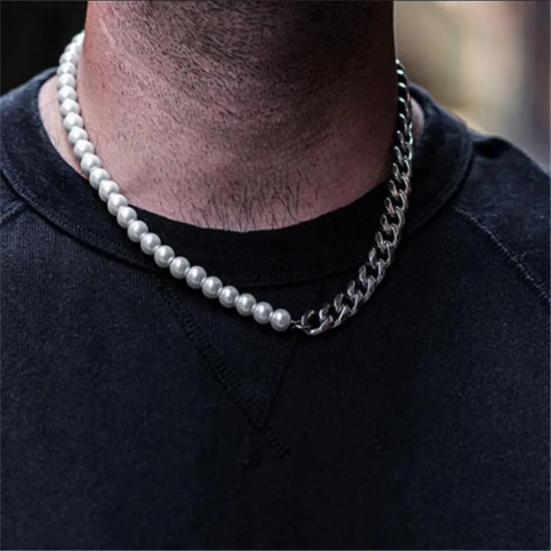 Pearl Stitching Stainless Steel Cuban Chain Men's Necklace sold by Shopnova