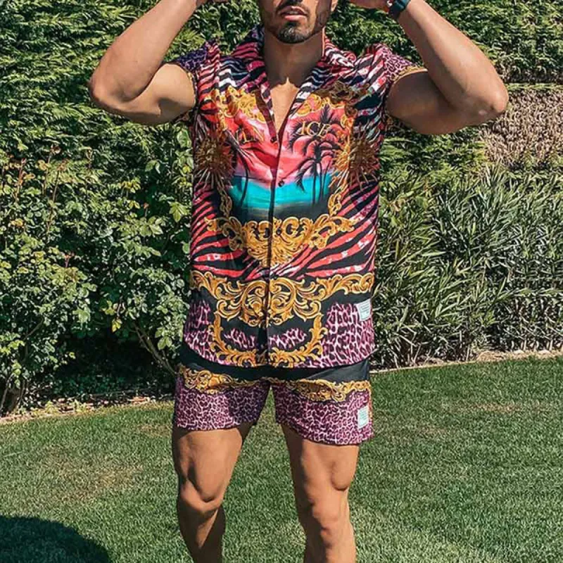 Trendy Street Retro Printed Shirt Shorts Casual Vacation Hawaii Two-piece Set sold by Shopnova