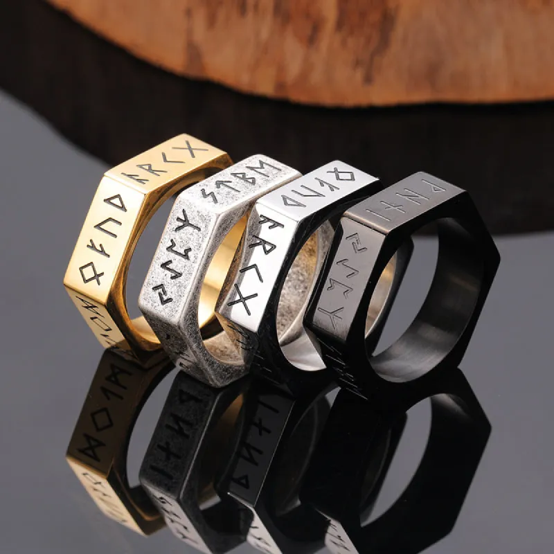 Viking Runes Hexagon Stainless Steel Geometric Ring sold by Shopnova