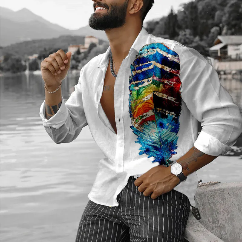 Colorful Feather Pattern Personality Simple Long Sleeve Shirt sold by Shopnova