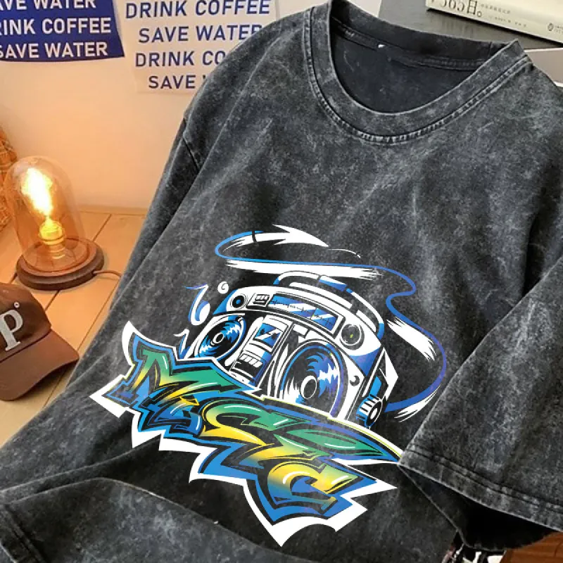 Radio Music Print Men's Washed Black Color T-shirt sold by Shopnova