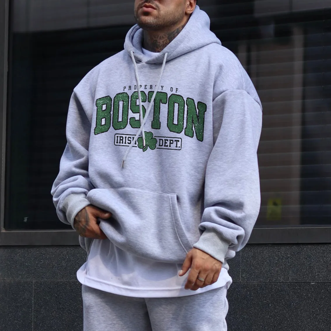 Boston Shamrock Print Men's Loose Fit Hoodies sold by Shopnova