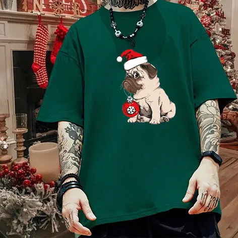 Christmas Pug Dog Cotton T-shirt sold by Shopnova