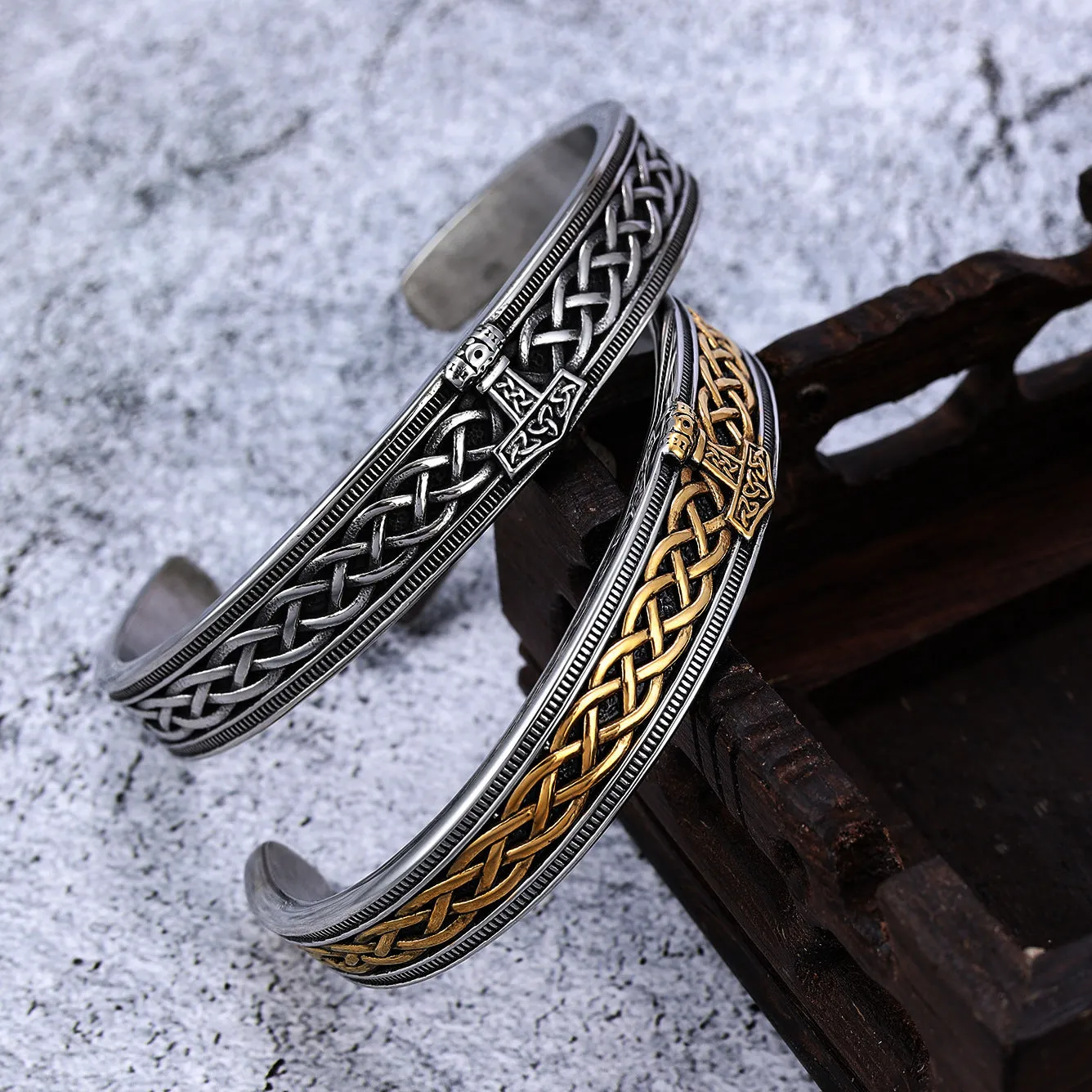 Norse Viking Rune Symbol Stainless Steel C-shaped Open Bangle Bracelet sold by Shopnova
